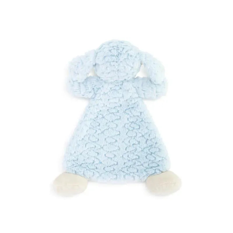 Soft blue dog-shaped rattle blankie with plush fabric and cream-colored paws, designed for infants.