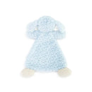 Soft blue dog-shaped rattle blankie with plush fabric and cream-colored paws, designed for infants.