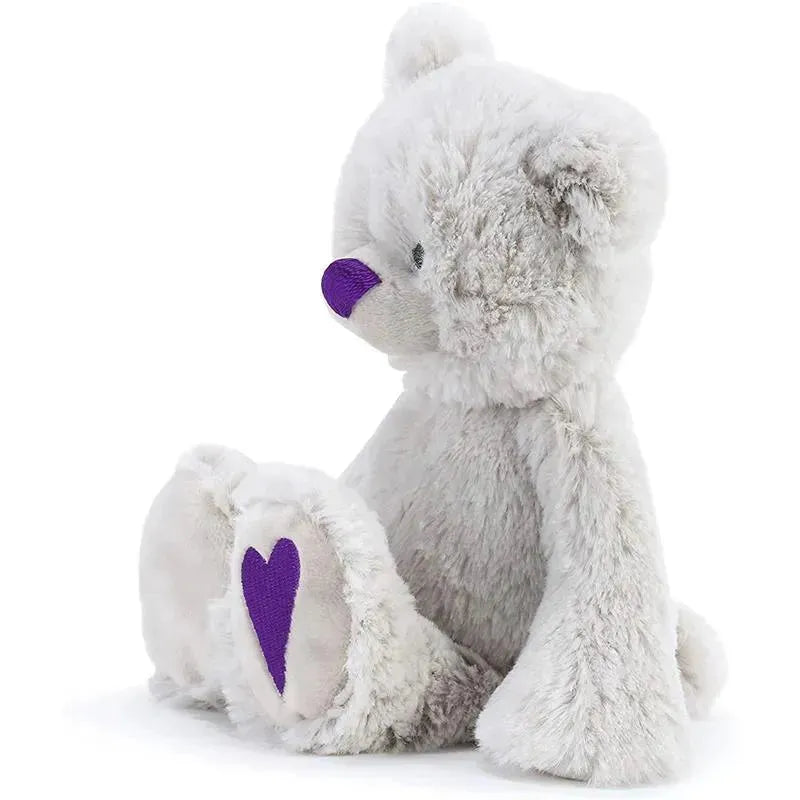 Gray plush bear with a purple nose and heart-shaped paw, designed as a February birthstone gift.