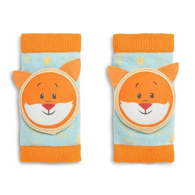 Colorful knee pads for kids featuring a friendly fox design, made of soft fabric with orange and blue colors.