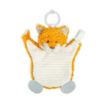 Soft orange fox-shaped teether buddy with textured surfaces and a hanging ring, designed for infants.