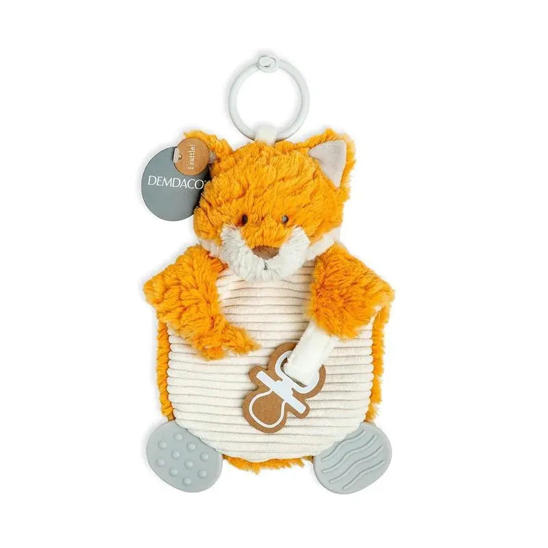 Soft orange fox-shaped teether buddy with a ring for attachment and textured paws, designed for infants.