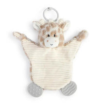 Demdaco Giraffe Teether Buddy, a soft plush toy with a smiling giraffe head and textured gray teething feet.
