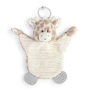 Demdaco Giraffe Teether Buddy, a soft plush toy with a smiling giraffe head and textured gray teething feet.