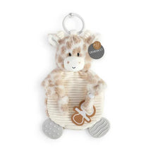 Demdaco Giraffe Teether Buddy, a plush toy with a smiling face, textured body, and attached teether, suitable for babies.