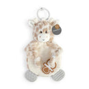 Demdaco Giraffe Teether Buddy, a plush toy with a smiling face, textured body, and attached teether, suitable for babies.