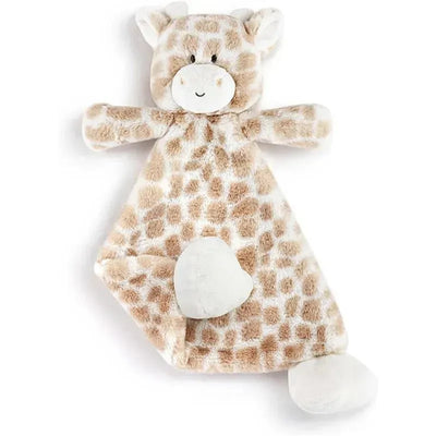 Soft, plush giraffe-shaped rattle blankie with a smiling face and patterned fabric, ideal for comforting infants.