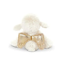 Soft white lamb plush toy with a shiny gold bow on its back, symbolizing a guardian angel.
