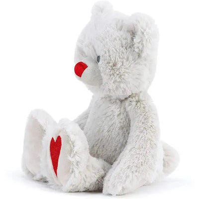 Plush bear with a gray body, red nose, and heart-shaped paw pads, designed as a July birthstone gift.