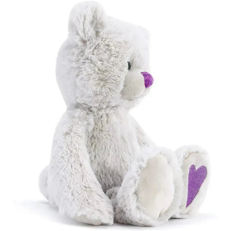 Plush bear with a soft gray fur, purple nose, and a heart on its foot, representing the June birthstone.