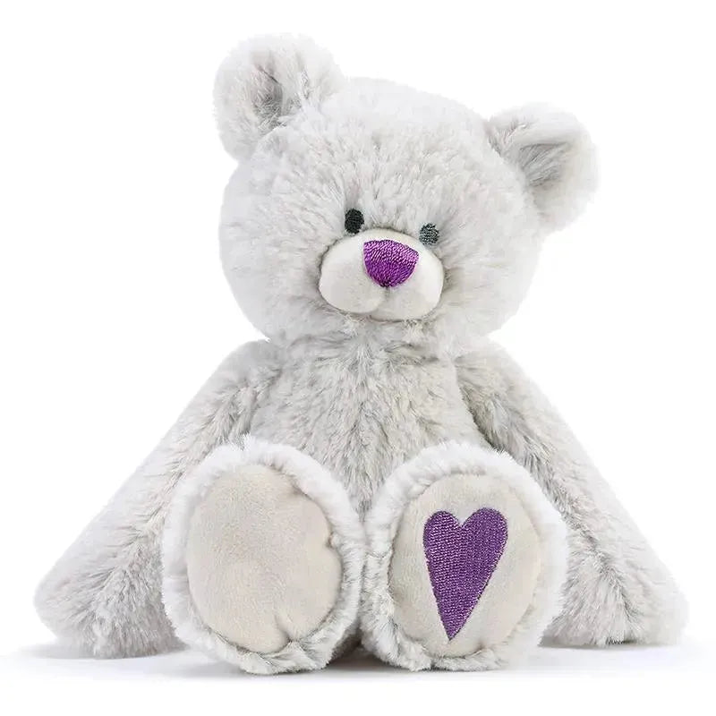 Gray plush bear with a purple nose and heart detail on its foot, designed as a June birthstone gift.