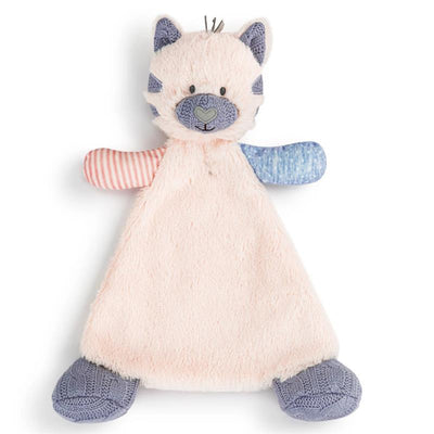 Soft pink kitty blankie with blue and striped arms, featuring a friendly face and textured paws.