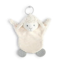 Soft lamb-shaped teether buddy with a textured surface, a loop for attachment, and silicone feet for teething relief.