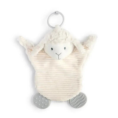Soft lamb-shaped teether buddy with a textured surface, a loop for attachment, and silicone feet for teething relief.