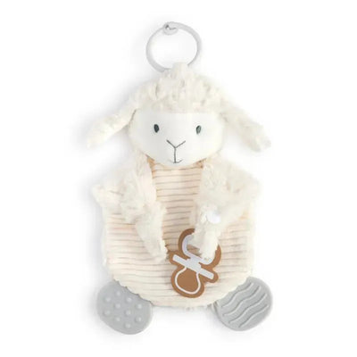 Demdaco Lamb Teether Buddy, a soft plush lamb toy with textured limbs and an attached teether.
