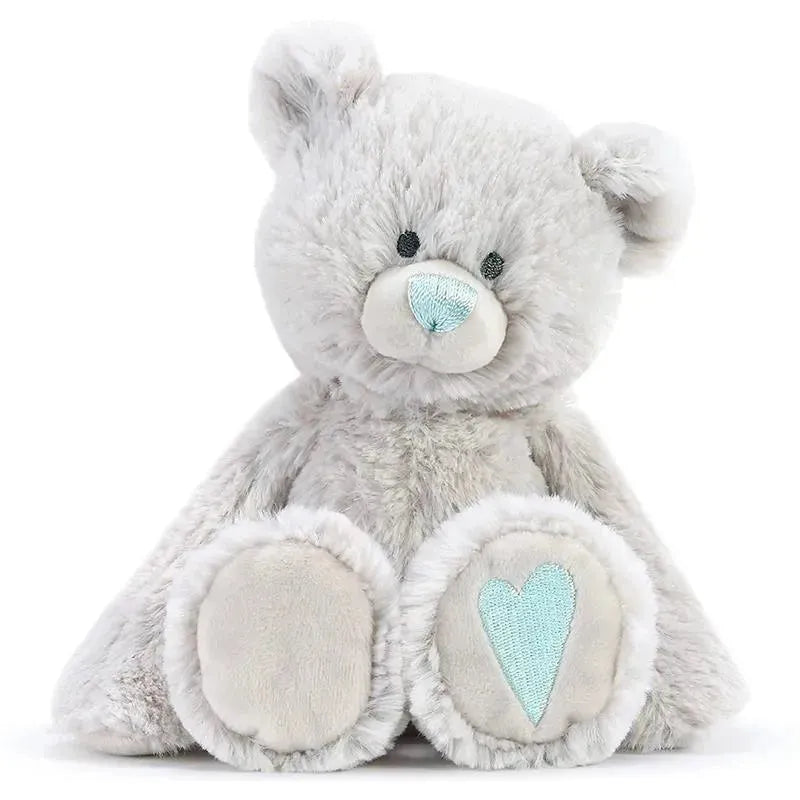 Soft gray plush bear with a light blue nose and heart-shaped patch on its foot, symbolizing March birthstone.