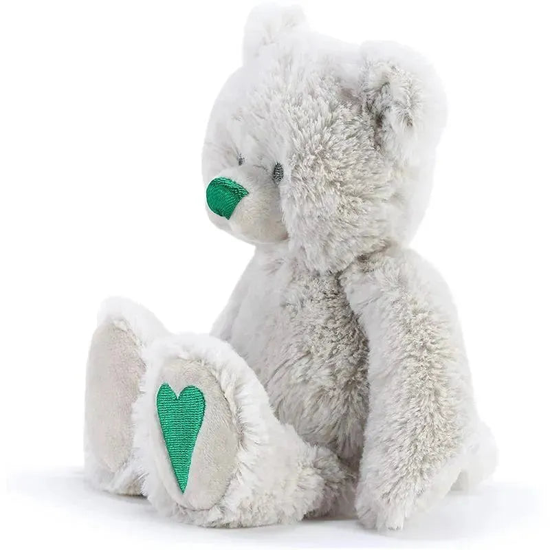 Plush bear with a soft gray fur, green nose, and green heart on its foot, designed as a May birthstone gift.