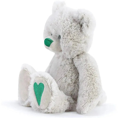 Plush bear with a soft gray fur, green nose, and green heart on its foot, designed as a May birthstone gift.