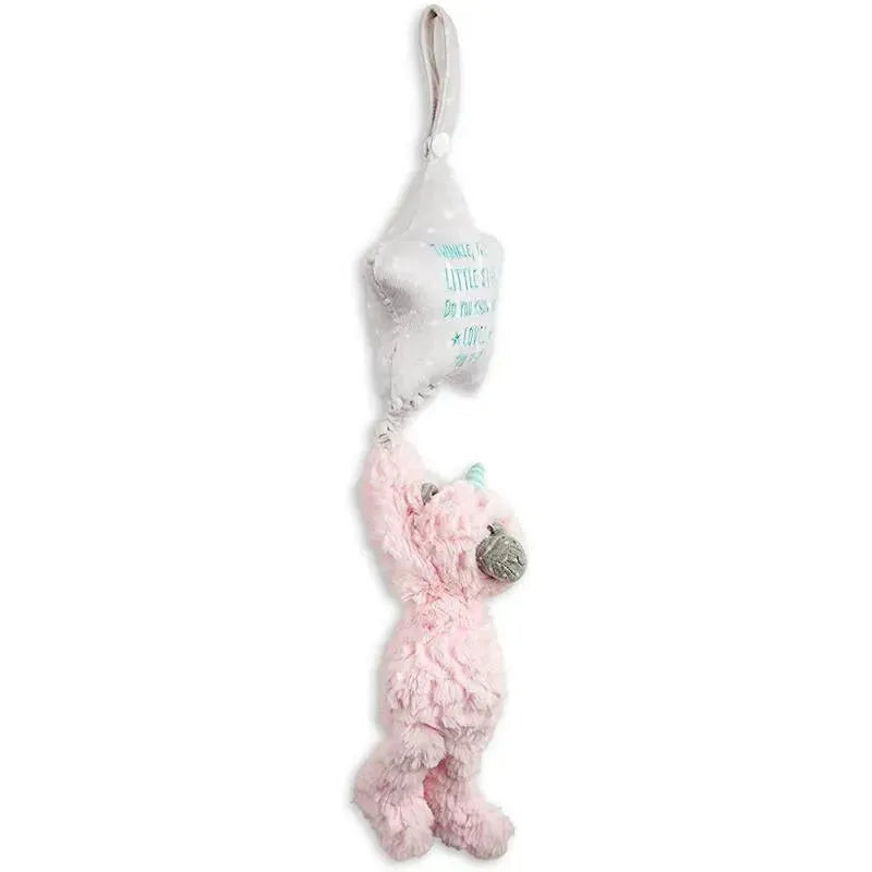 Musical pull toy featuring a pink unicorn holding a soft star-shaped plush with text, designed for infants.