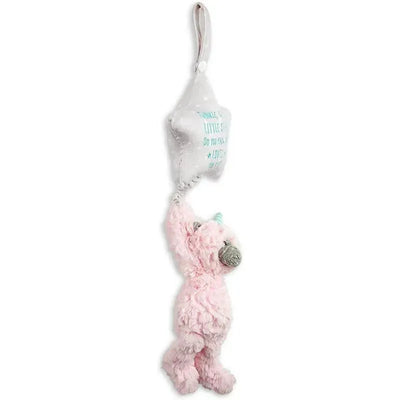 Musical pull toy featuring a pink unicorn holding a soft star-shaped plush with text, designed for infants.