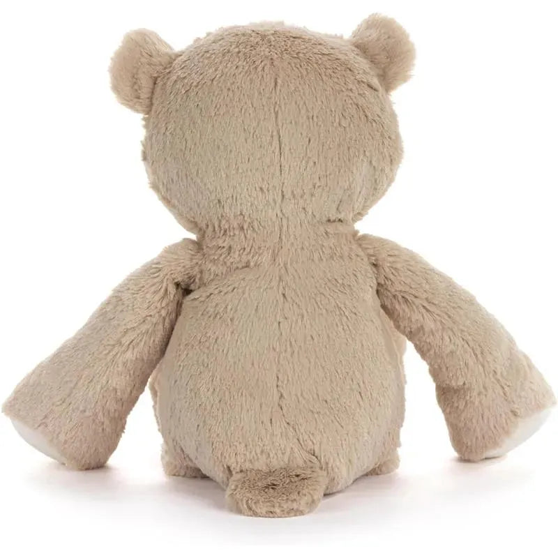 Soft, neutral-colored teddy bear with rounded ears and a cozy texture, designed for infants and toddlers.