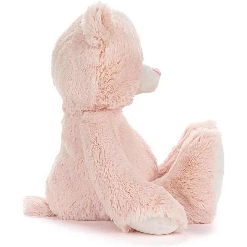 16-inch pink teddy bear with fluffy texture and soft features, designed as a first stuffed animal for children.