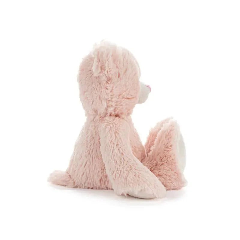 Soft pink teddy bear plush toy, with floppy ears and an embroidered nose, designed for young children.