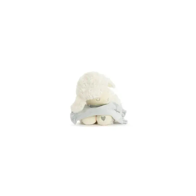 Neutral Goodnight Prayer Mechanical Lamb with a soft white exterior and a gray blanket, ideal for comforting children.