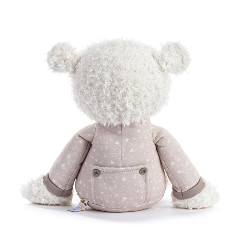 Brown and white plush pajama bear with fluffy ears, wearing a soft, star-patterned outfit, ideal for cuddles at bedtime.