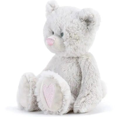 Soft gray plush bear with a pink nose and stitched heart on its paw, designed as an October birthstone gift.