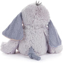 Soft, gray, plush elephant toy with knitted blue ears and tail, designed for comfort and play.