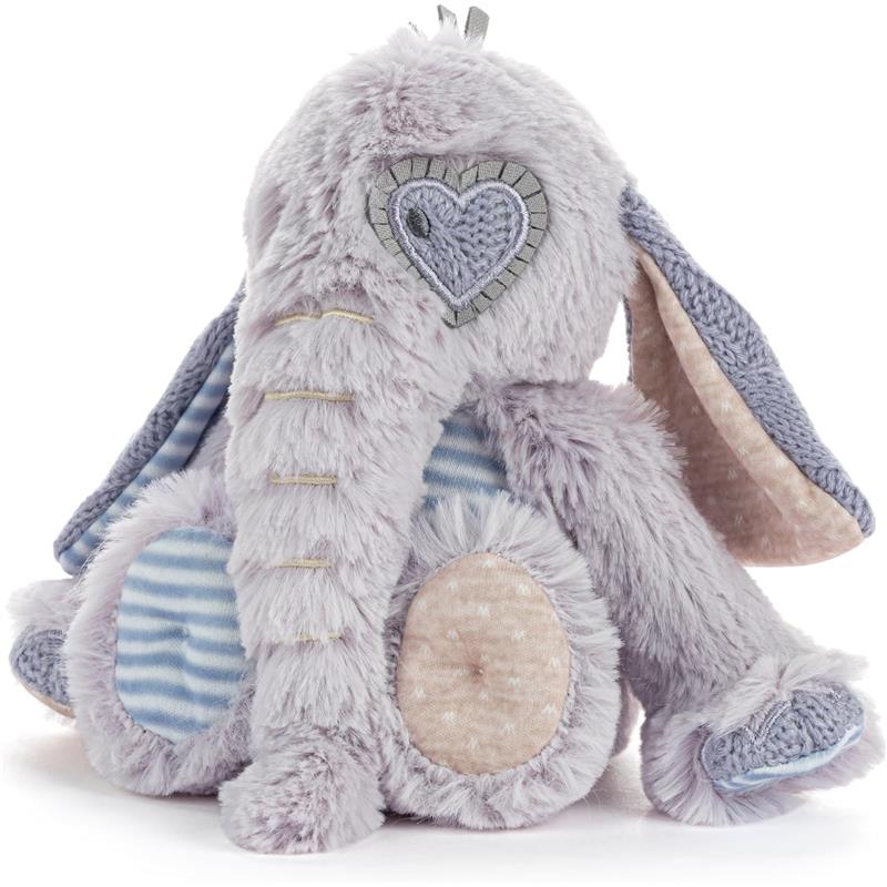 Soft, plush elephant toy with a light gray body, heart-shaped detail, and patterned ears.