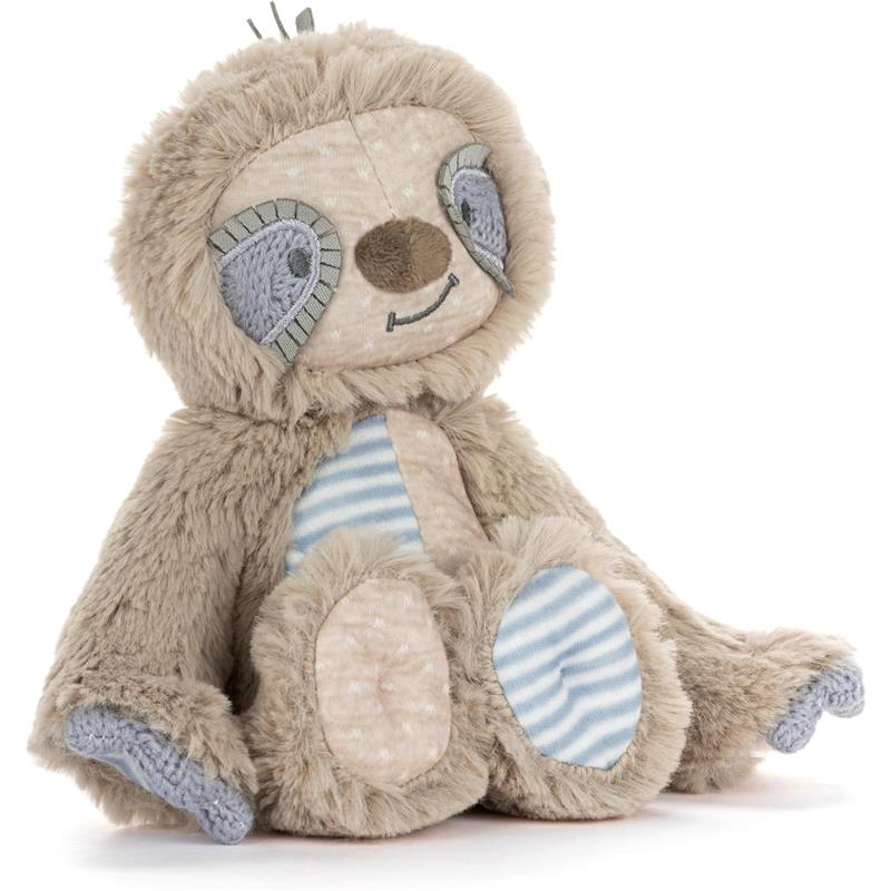 Plush sloth toy from Demdaco, featuring soft fur, embroidered facial details, and striped belly.