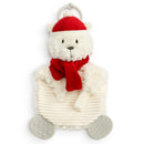 Demdaco Polar Bear Teether Buddy featuring a soft, plush polar bear design with a red scarf and hat, measuring 7x10 inches.