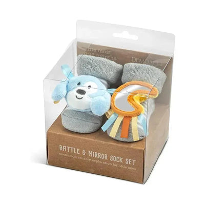Rattle socks set featuring a plush puppy design with rattling sound and colorful mirror for sensory exploration.