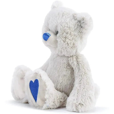 Plush bear with a light gray body, blue nose, and blue heart on its paw, designed for September birthdays.