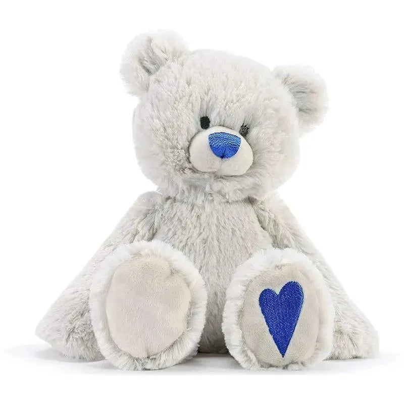 Plush bear with gray fur and blue accents, featuring a heart on its paw, designed for September birthdays.