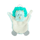 Triceratops-shaped teether buddy in soft mint fabric, designed for infants, with textured feet and a clip for attachment.