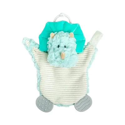Triceratops-shaped teether buddy in soft mint fabric, designed for infants, with textured feet and a clip for attachment.