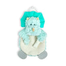 Soft mint green Triceratops teether buddy with textured body, plush head, and attached ring for easy grip.