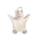 A soft, plush unicorn teether buddy with a smiling face, featuring a textured body and rubber feet for babies to chew on.