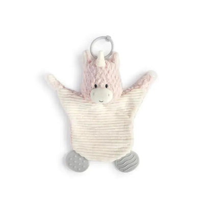 A soft, plush unicorn teether buddy with a smiling face, featuring a textured body and rubber feet for babies to chew on.