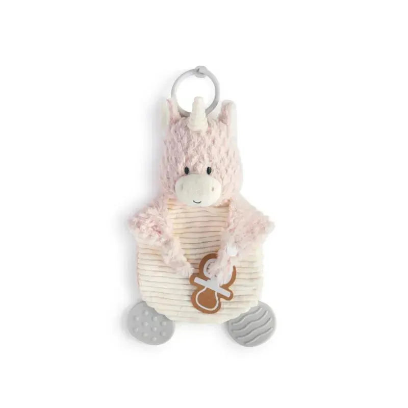 Unicorn-shaped teether buddy in soft pink fabric with a pacifier attached, ideal for soothing infants.