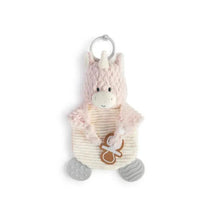 Unicorn-shaped teether buddy in soft pink fabric with a pacifier attached, ideal for soothing infants.
