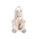 Unicorn-shaped teether buddy in soft pink fabric with a pacifier attached, ideal for soothing infants.