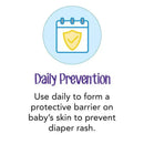 Daily prevention text for Desitin diaper rash cream, emphasizing its use for forming a protective barrier on baby’s skin.