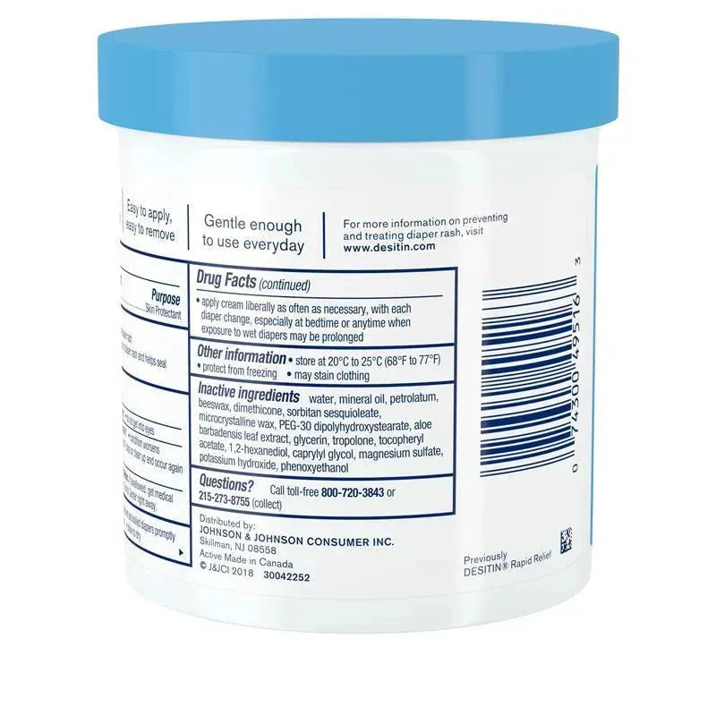 Desitin 16 oz Rapid Relief diaper rash cream in a blue jar, highlighting instructions and ingredients on the back label.