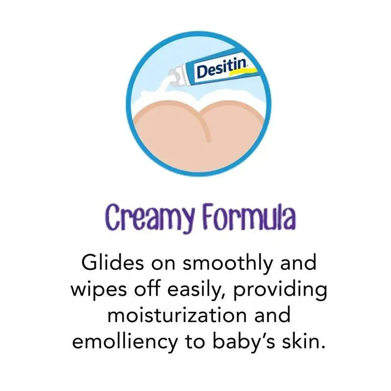 Desitin 16 Oz Rapid Relief Baby Diaper Rash cream with a creamy formula, promoting easy application and skin moisturization.