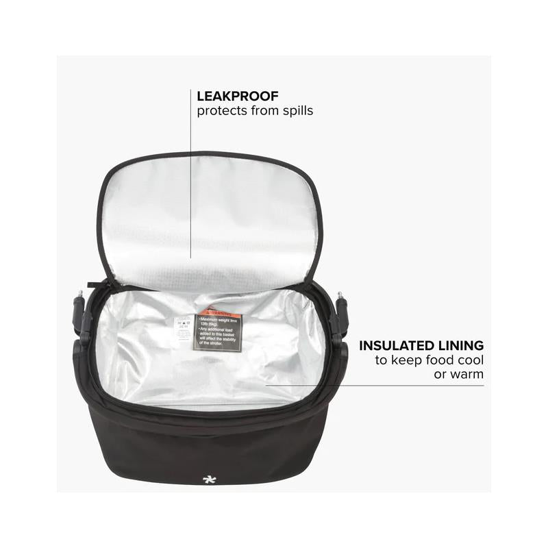 Black insulated cooler bag with leakproof design and silver lining, featuring labels for functionality.