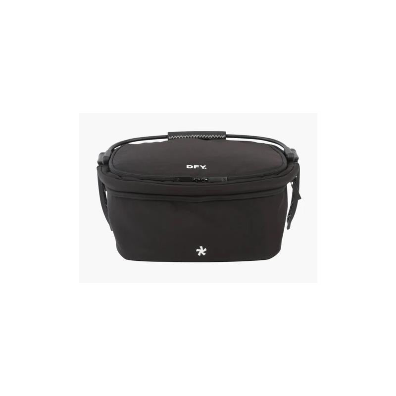 Black DFY R1 Cool Box with a zipper, handle, and logo on the top, designed for keeping items cool.